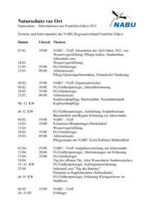 Naturschutz vor Ort Naturschutz – Informationen aus Frankfurt (Oder[removed]Termine und Schwerpunkte des NABU Regionalverband Frankfurt (Oder) Datum  Uhrzeit Themen