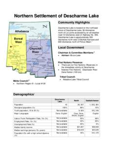 Northern Settlement of Descharme Lake Community Highlights Descharme Lake is located on the northeast shore of Descharme Lake, 90 kilometres north of La Loche accessed by an all-weather road 12 kilometres west of Highway