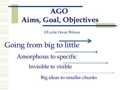 AGO Aims, Goal, Objectives ©Leslie Owen Wilson Going from big to little Amorphous to specific