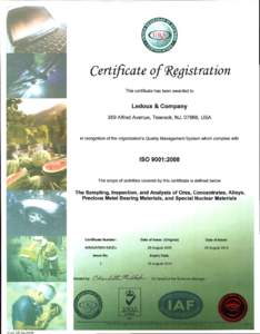 Certificate of Registration This certificate has been awarded to Ledoux & Company 359 Alfred Avenue, Teaneck, NJ, 07666, USA