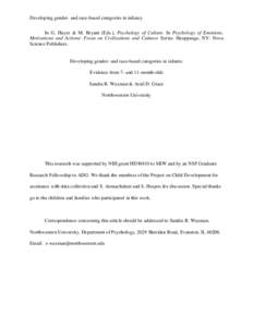Developing gender- and race-based categories in infancy In G. Hayes & M. Bryant (Eds.), Psychology of Culture. In Psychology of Emotions, Motivations and Actions: Focus on Civilizations and Cultures Series. Hauppauge, NY