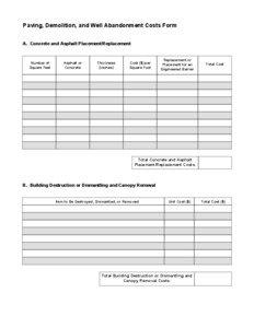 Paving, Demolition, and Well Abandonment Costs Form A. Concrete and Asphalt Placement/Replacement