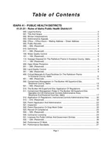 Ta b l e o f C o n t e n t s IDAPA 41 - PUBLIC HEALTH DISTRICTS[removed]Rules of Idaho Public Health District #[removed]Legal Authority. ..................................................................................