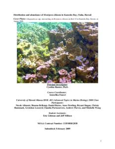 Distribution and abundance of Montipora dilatata in Kaneohe Bay, Oahu, Hawaii Cover Photo—Kappaphycus spp. encroaching on Montipora dilatata on Reef 44 in Kaneohe Bay, Hawaii, in August[removed]Principal Investigator: Cy