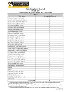 State Complaints Received Part B & C Fiscal Year 2011 – 4th Quarter (April 1, 2011 – June 30, 2011) Part B Public Agency