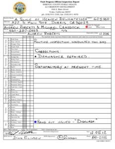 Food Program Official Inspection Report SISKIYOU COUNTY PUBLIC HEALTH & COMMUNITY DEVELOPMENT 806 S. Main Street Yreka, California[removed]ph: ([removed], fax: ([removed]