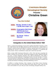 Livermore-Amador Genealogical Society Presents ~ Christine Green You Are Invited