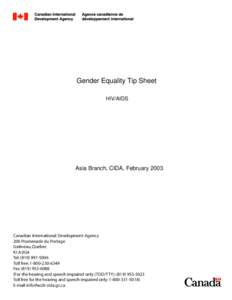 Gender Equality Tip Sheet HIV/AIDS Asia Branch, CIDA, February[removed]Canadian International Development Agency
