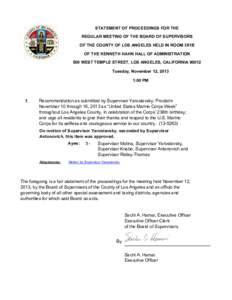 STATEMENT OF PROCEEDINGS FOR THE REGULAR MEETING OF THE BOARD OF SUPERVISORS OF THE COUNTY OF LOS ANGELES HELD IN ROOM 381B OF THE KENNETH HAHN HALL OF ADMINISTRATION 500 WEST TEMPLE STREET, LOS ANGELES, CALIFORNIA 90012