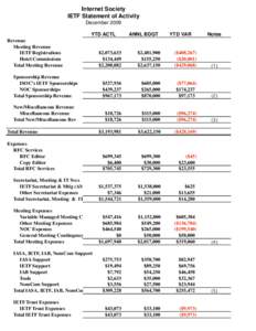 Internet Society IETF Statement of Activity December 2009 YTD ACTL Revenue Meeting Revenue