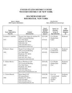 UNITED STATES DISTRICT COURT WESTERN DISTRICT OF NEW YORK 2014 MEDIATOR LIST ROCHESTER, NEW YORK Barry L. Radlin ADR Program Administrator