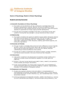 Doctor of Psychology (PsyD) in Clinical Psychology Student Learning Outcomes 1.0 Scientific Foundations of Clinical Psychology 1.1 The student will have familiarity with the contemporary knowledge bases of the biological