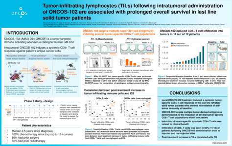 Tumor-infiltrating lymphocytes (TILs) following intratumoral administration of ONCOS-102 are associated with prolonged overall survival in last line solid tumor patients Pesonen S1, Joensuu T2, Jäger E3, Karbach J3, Wah