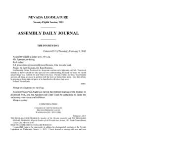 NEVADA LEGISLATURE Seventy-Eighth Session, 2015 ASSEMBLY DAILY JOURNAL THE FOURTH DAY CARSON CITY (Thursday), February 5, 2015