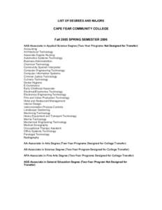 LIST OF DEGREES AND MAJORS   CAPE FEAR COMMUNITY COLLEGE  Fall 2005 SPRING SEMESTER 2006  AAS­Associate in Applied Science Degree (Two­Year Programs Not Designed for Transfer) 