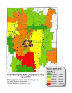 RadonAVG Pci/L Radon testing results for Champaign County March 2008 Dots represent number of tests within the zip code,