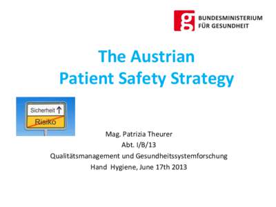 The Austrian Patient Safety Strategy Mag. Patrizia Theurer Abt. I/B/13 Qualitätsmanagement und Gesundheitssystemforschung Hand Hygiene, June 17th 2013