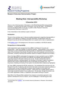 Research Funding Programme Research Outcomes Harmonisation Project Meeting Note: Interoperability Workshop 8 December 2014 This is a note of the key areas of discussion at the RCUK-Researchfish Interoperability