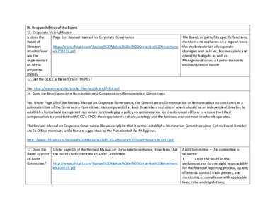 III. Responsibilities of the Board 11. Corporate Vision/Mission b. does the Page 6 of Revised Manual on Corporate Governance Board of Directors