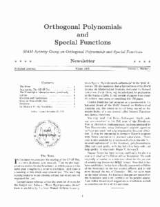 Orthogonal Polynomials and Special Functions SIAM Activity Group on Orthogonal Polynomials and Special Ainctions  ****
