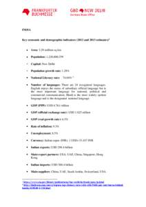 INDIA Key economic and demographic indicators[removed]and 2013 estimates)1 1  •