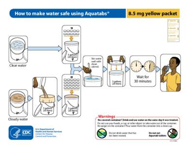 How to make water safe using Aquatabs®  8.5 mg yellow packet 1L Add one tablet to 1 L of clear water. Leave 30 minutes before using. Each tablet