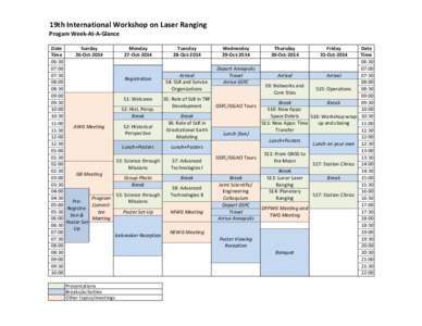 19th	
  International	
  Workshop	
  on	
  Laser	
  Ranging Progam	
  Week-­‐At-­‐A-­‐Glance Date Sunday Monday Tuesday