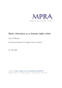 M PRA Munich Personal RePEc Archive Basic education as a human right redux Larry Willmore International Institute for Applied Systems Analysis