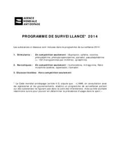 PROGRAMME DE SURVEILLANCE* 2014 Les substances ci-dessous sont incluses dans le programme de surveillance 2014 : 1. Stimulants : En compétition seulement : Bupropion, caféine, nicotine, phényléphrine, phénylpropanol