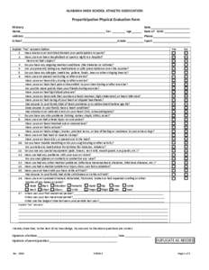 ALABAMA HIGH SCHOOL ATHLETIC ASSOCIATION       Preparticipation Physical Evaluation Form