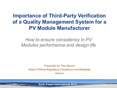 Importance of Third-Party Verification of a Quality Management System for a PV Module Manufacturer