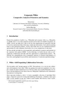 Corporate Wikis Comparative Analysis of Structures and Dynamics Klaus Stein Laboratory for Semantic Information Technology, University of Bamberg 