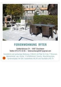 FERIENWOHNUNG RYTER GotthardstrasseGöschenen Telefon /  Gemütliche und geräumige Wohnung (130m2) mit Platz für 6 bis 7 Personen, Wohnzimmer, sep. Küche, 3 Schlafzi