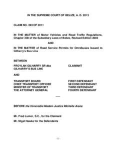 IN THE SUPREME COURT OF BELIZE, A. DCLAIM NO. 393 OF 2011 IN THE MATTER of Motor Vehicles and Road Traffic Regulations, Chapter 230 of the Subsidiary Laws of Belize, Revised Edition 2003