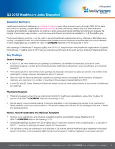 Q3 2012 Healthcare Jobs Snapshot Executive Summary Healthcare employment is projected to continue to outpace every other economic sector through[removed]At the same time, there is a growing concern about physician burnout 