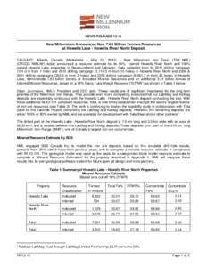 NEWS RELEASENew Millennium Announces New 7.63 Billion Tonnes Resources at Howells Lake - Howells River North Deposit CALGARY, Alberta, Canada (Marketwire – May 23, 2013) – New Millennium Iron Corp. (TSX: NML)