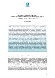 PUNIRE LA TORTURA IN ITALIA. SPUNTI RICOSTRUTTIVI A CAVALLO TRA DIRITTI UMANI E DIRITTO PENALE INTERNAZIONALE di Paolo Lobba