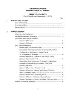 THURSTON COUNTY ANNUAL FINANCIAL REPORT TABLE OF CONTENTS Fiscal Year Ended December 31, 2003 Page I.