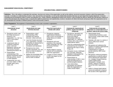 MANAGEMENT BEHAVIOURAL COMPETENCY ORGANIZATIONAL UNDERSTANDING Definition: This is the ability to understand the workings, structure and culture of the organization as well as the political, social and economic climate i