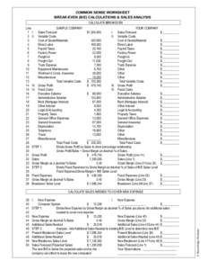 COMMON SENSE WORKSHEET BREAK-EVEN (B/E) CALCULATIONS & SALES ANALYSIS CALCULATE BREAKEVEN Line SAMPLE COMPANY YOUR COMPANY