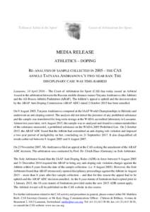 Tribunal Arbitral du Sport  Court of Arbitration for Sport MEDIA RELEASE ATHLETICS – DOPING