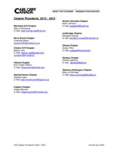 Chapter Presidents 2012 – 2013 Manitoba Orff Chapter Sean Fitzmaurice E-mail: [removed]  Nova Scotia Chapter