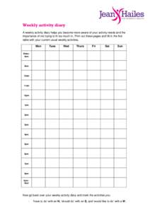 Weekly activity diary A weekly activity diary helps you become more aware of your activity needs and the importance of not trying to fit too much in. Print out these pages and fill in the first table with your current us