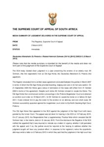 THE SUPREME COURT OF APPEAL OF SOUTH AFRICA MEDIA SUMMARY OF JUDGMENT DELIVERED IN THE SUPREME COURT OF APPEAL FROM  The Registrar, Supreme Court of Appeal