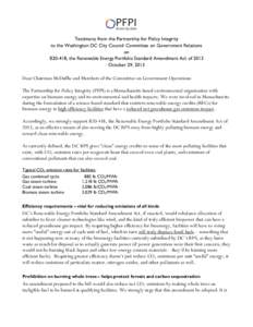 Testimony from the Partnership for Policy Integrity to the Washington DC City Council Committee on Government Relations on B20-418, the Renewable Energy Portfolio Standard Amendment Act of 2013 October 29, 2013