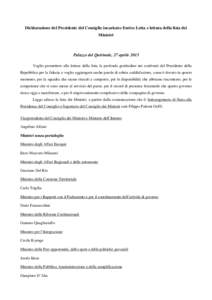 Dichiarazione del Presidente del Consiglio incaricato Enrico Letta e lettura della lista dei Ministri