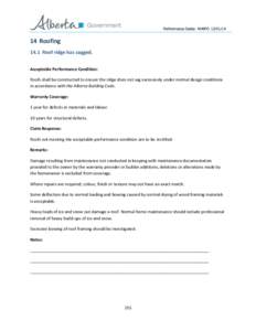 Performance Guide: NHBPO[removed]Roofing 14.1 Roof ridge has sagged. Acceptable Performance Condition: Roofs shall be constructed to ensure the ridge does not sag excessively under normal design conditions