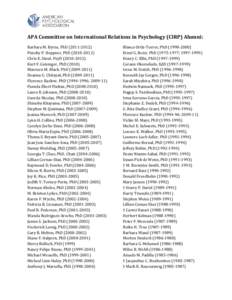 APA Committee on International Relations in Psychology (CIRP) Alumni: Barbara M. Byrne, PhD[removed]Puncky P. Heppner, PhD[removed]Chris E. Stout, PsyD[removed]Kurt F. Geisinger, PhD[removed]Maureen M. Black, 