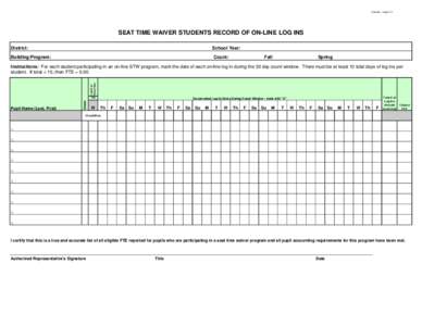 Updated: August 11  SEAT TIME WAIVER STUDENTS RECORD OF ON-LINE LOG INS District:  School Year: