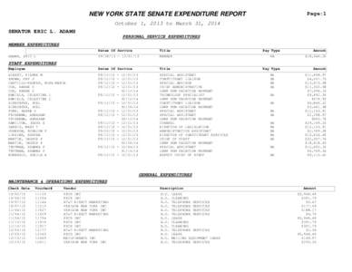 Page:1  NEW YORK STATE SENATE EXPENDITURE REPORT October 1, 2013 to March 31, 2014 SENATOR ERIC L. ADAMS PERSONAL SERVICE EXPENDITURES